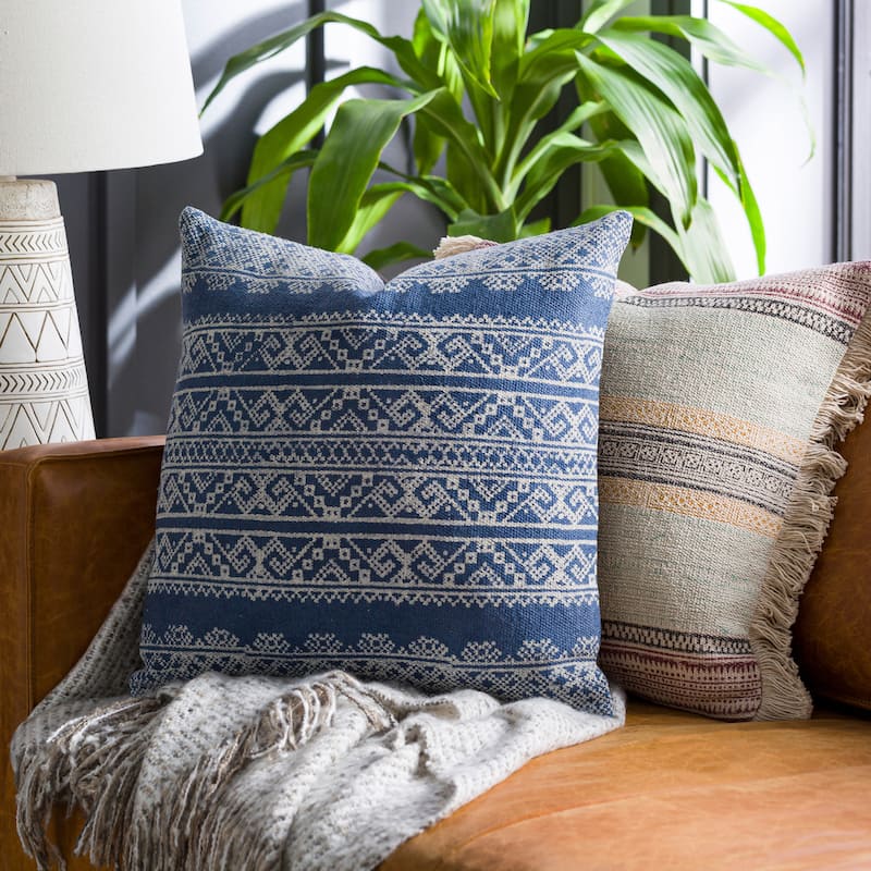 Zeba Block Print Blue Bohemian Throw Pillow or Cover - 14" x 22" - Cover Only