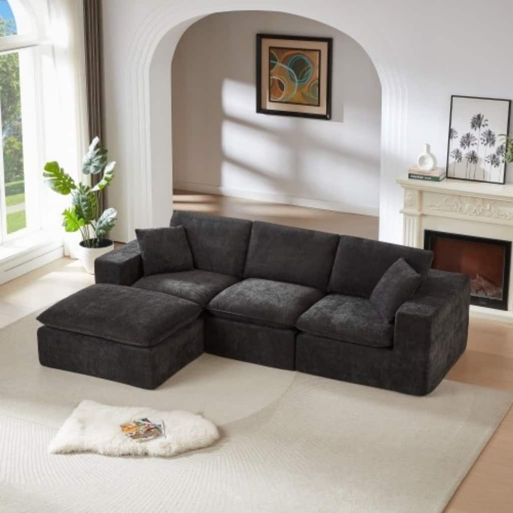 108.26" L-Shaped Modern Chenille Cloud Sofa with Two Pillows