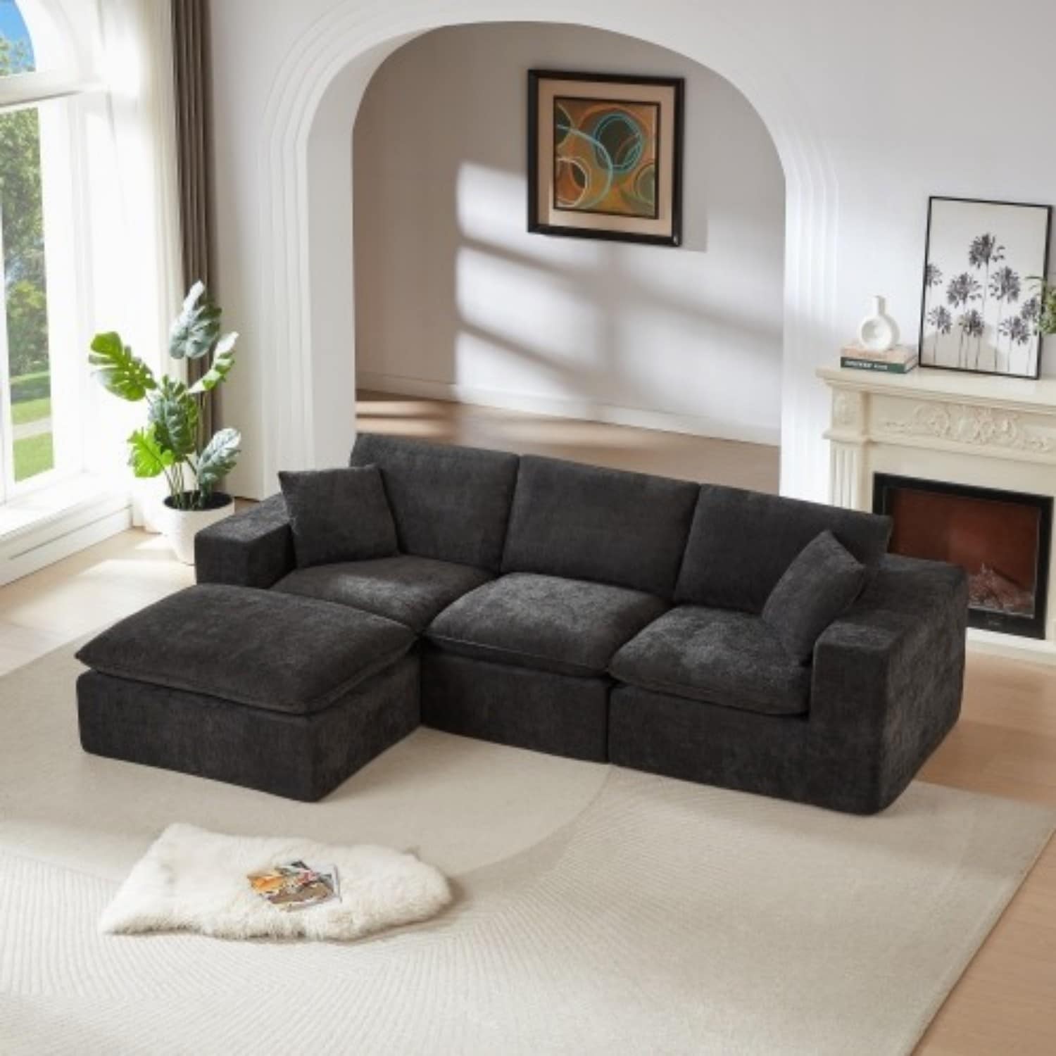 108.26" L-Shaped Modern Chenille Cloud Sofa with Two Pillows