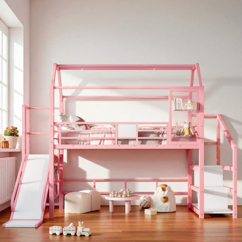 Twin/Full Metal House Loft Bed with Slide and Stairs, Kids Playhouse Bed with Roof, Storage Shelves & Guardrails - Pink - Twin