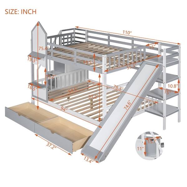 dimension image slide 2 of 4, Bunk Bed with 2 Drawers & 3 Shelves, Castle Style Bedframe with Slide for Kids Boys/Girls/Teens