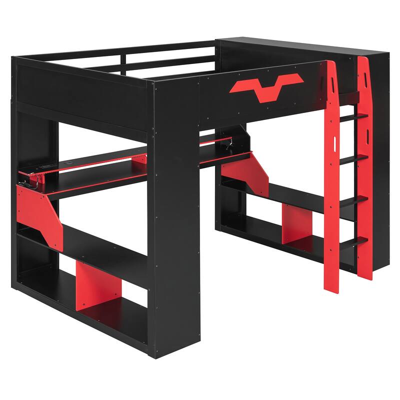 Roomfitters Full Gaming Loft Bed with Power Hub, RGB Lights and Cable Management