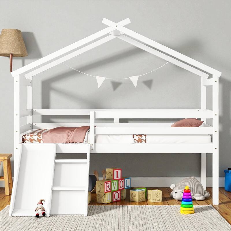 Twin Size Wooden Low Loft House Bed with Slide, Ladder, Safety Guardrails, and Roof Frame