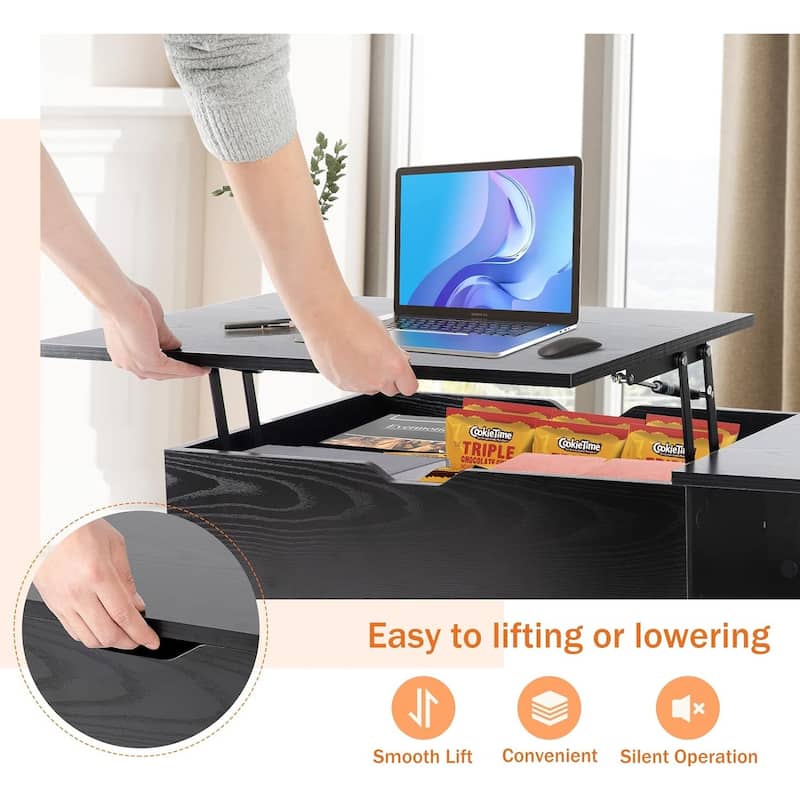 Lift Top Coffee Tables for Living Room, Small Rising Wooden Dining Center Tables with Storage Shelf and Hidden Compartment