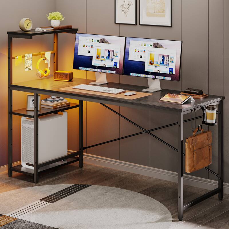 Bestier 61 in. Rectangular Gaming Desk with RGB LED Lights Computer Desk with 4 Tier Storage Shelves and Hook - Black