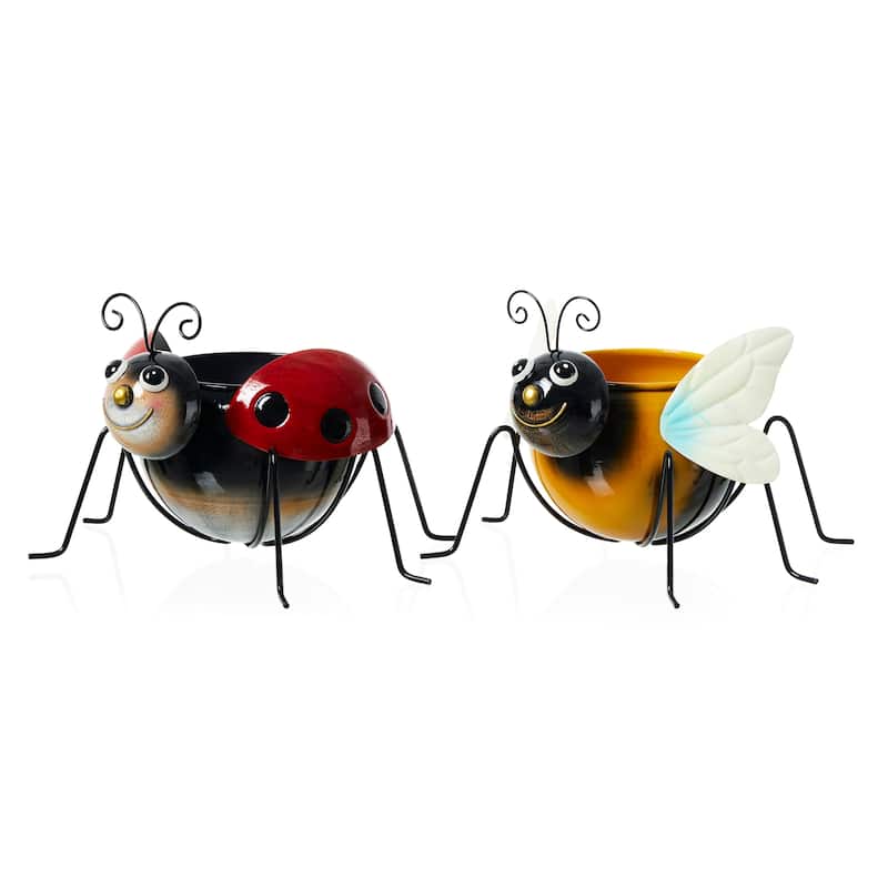 Glitzhome 10"W Set of 2 Metal Bee and Ladybug Statue Planter with Drainage Hole