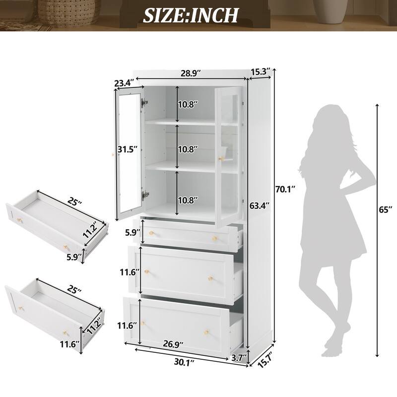 70.1" Modern High Freestanding Tall Bathroom Cabinet with 2 Adjustable Shelves, 3 Drawers, Soft Close Glass Doors