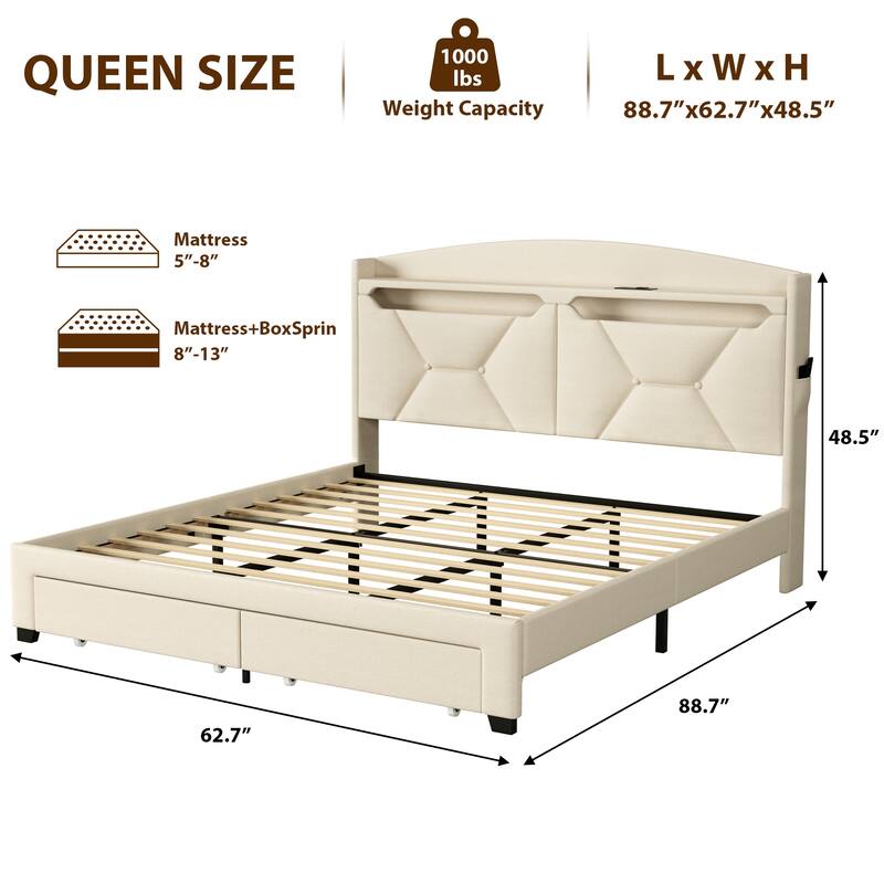 Beige Queen Size Platform Bed Frame with Storage Headboard and Drawers
