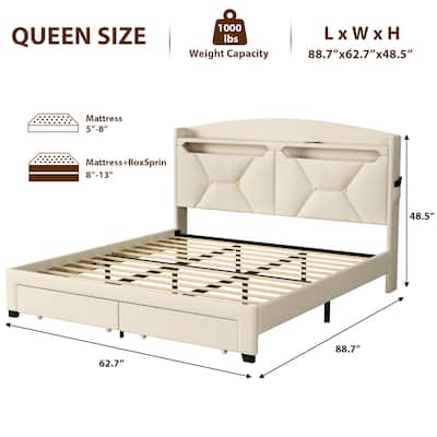 Queen Size Platform Bed with LED Lights and Drawers, Beige Linen Fabric Bed with Storage Headboard