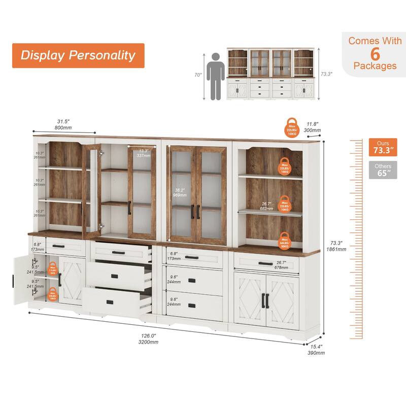5 Tier Multi--Column Bookshelf Set with Open Storage and Glass Doors