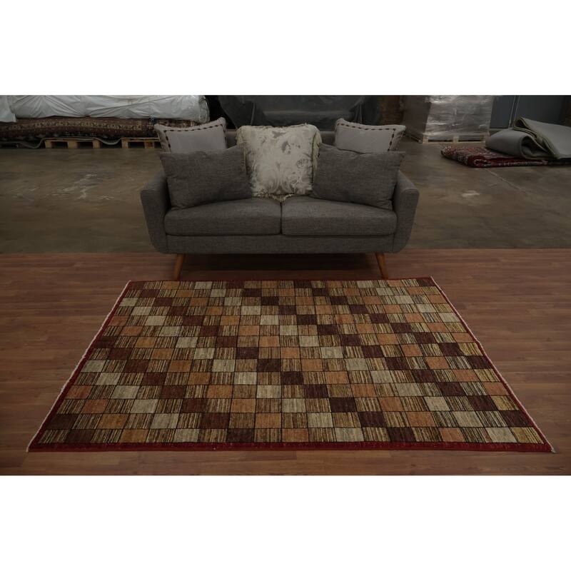 Hand Knotted Oriental 100% Wool Carpet Modern Geometric Brown Gabbeh Area Rug - 6' 6'' X 4' 10''