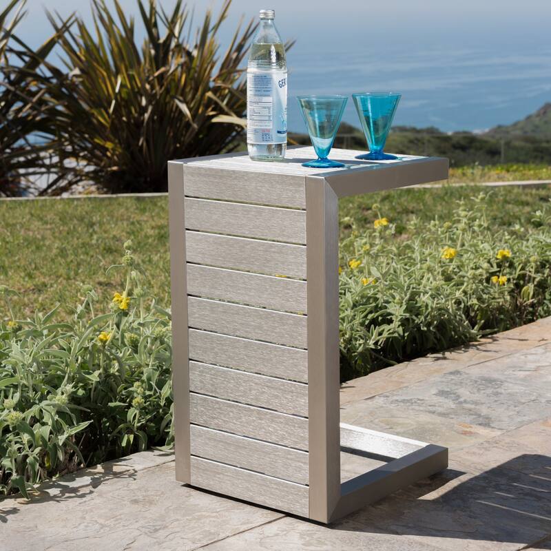 Roomfitters Modern Outdoor Side Table with Slatted Aluminium Frame, Weather-Resistant Accent Table for Patio