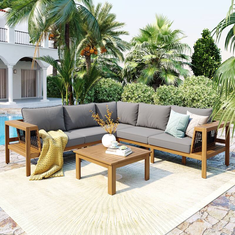 4 Pieces Outdoor Patio Conversation Sofa Set, Acacia Wood L Shaped Sectional Sofa with Coffee Table and Woven Mesh Armrests