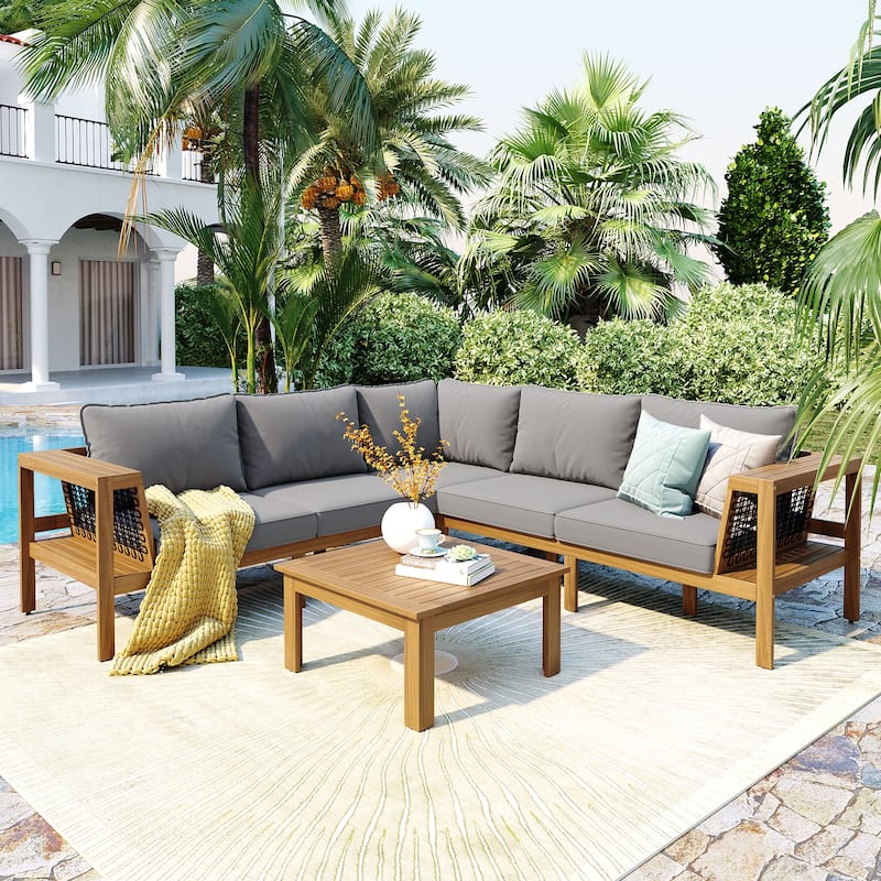 Roomfitters 4-Piece Outdoor Sectional Sofa Set with Coffee Table and Built-in Side Shelves, Wood Frame