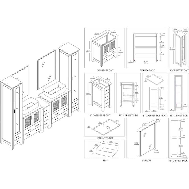 Blossom Sydney 102" Double Sink Vanity Set with Linen Closet & Mirrors