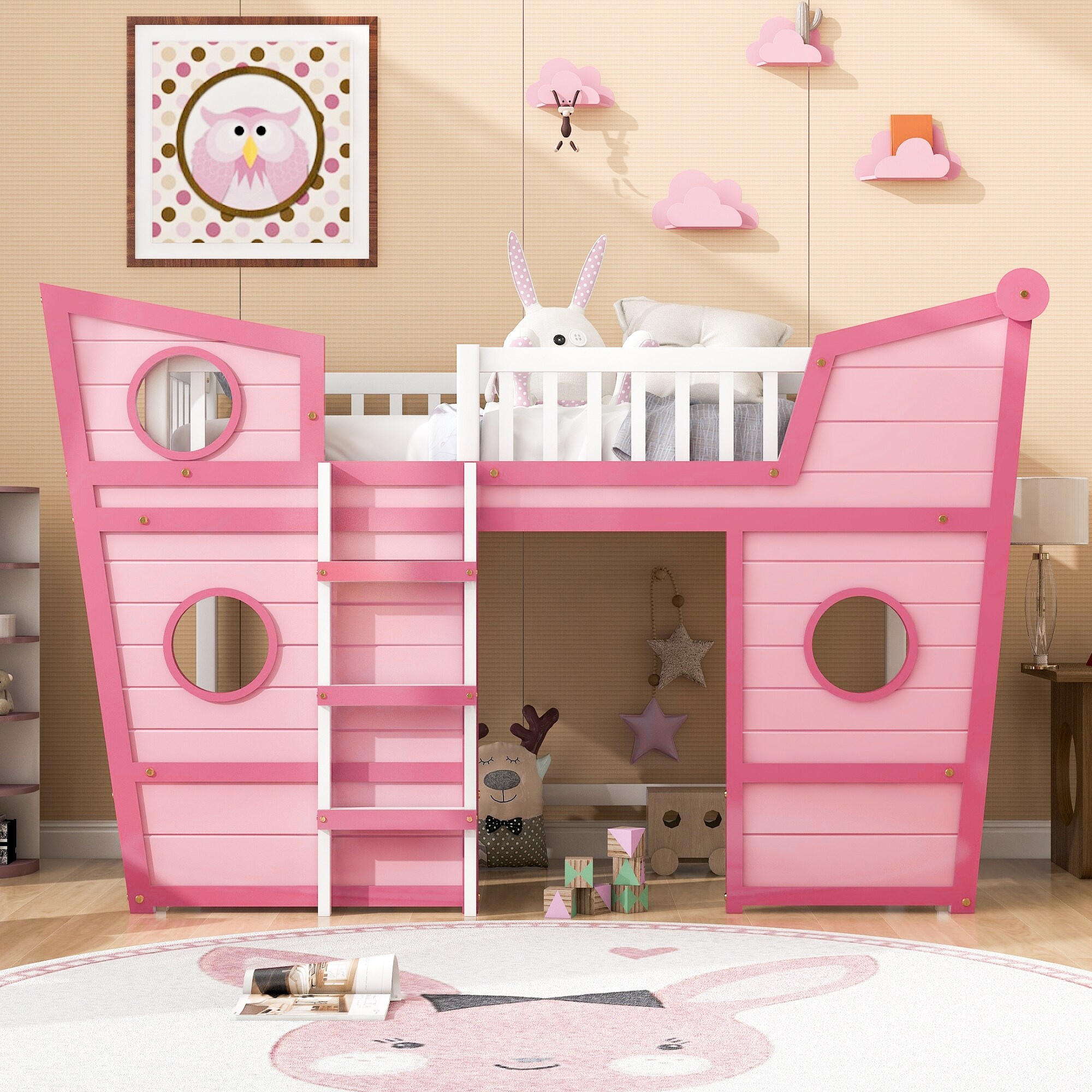 Twin Size Boat Shape Bed Loft Bed Bedroom Solid Wood Frame Guardrail Kids' Beds Bed Bath