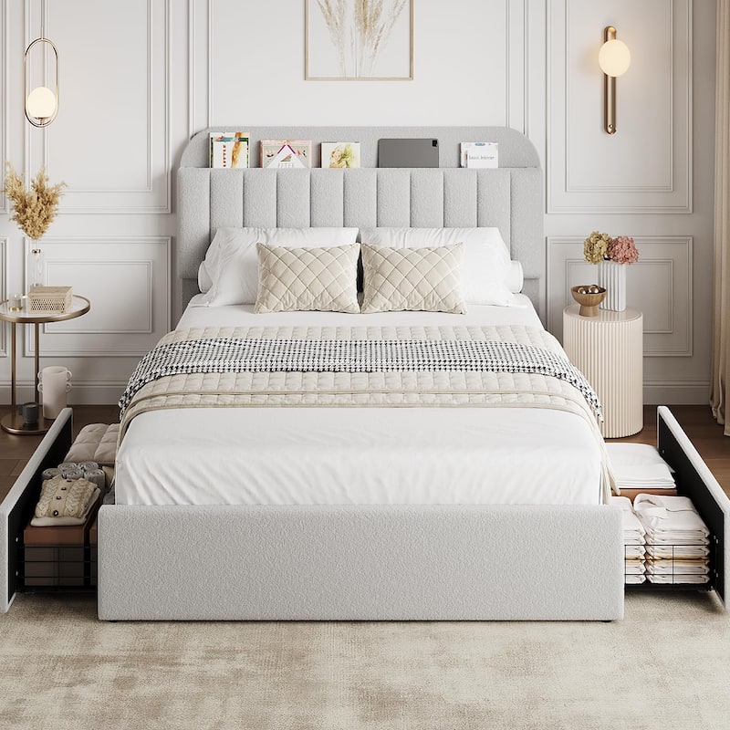 Twin XL/Queen Bed Frame with 2 Flexible Drawers and Bookcase Headboard, Boucle Upholstered Platform Bed for Boys/Girls