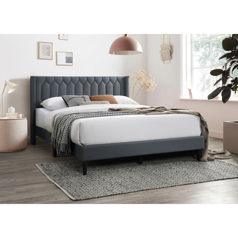 Queen Size Upholstered Platform Bed with Diamond Stitch Headboard and Modern Platform Design