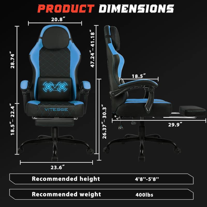 BOSSIN Ergonomic Gaming Chair – 400 lbs Support, PC/Racing Office Chair with Adjustable Swivel, Lumbar Vibration & Headrest