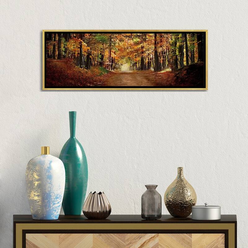 iCanvas "Horse running across road in fall colors" by Panoramic Images Framed Canvas Print
