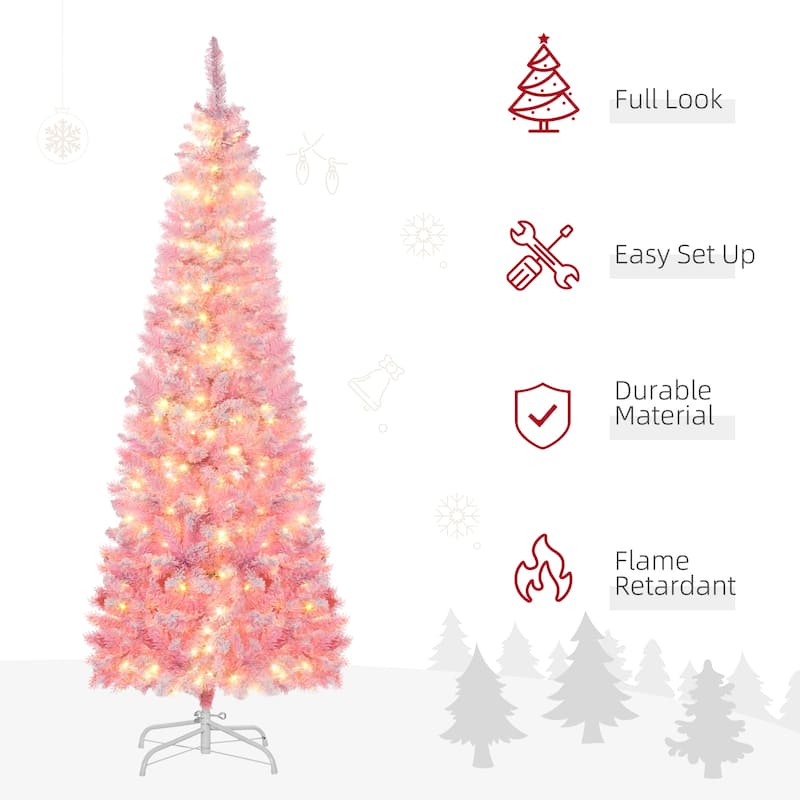 HOMCOM Pre-Lit Snow Flocked Pencil Tree - Realistic Pine Branches, Warm White LED Lights, Auto Open, Pink & White