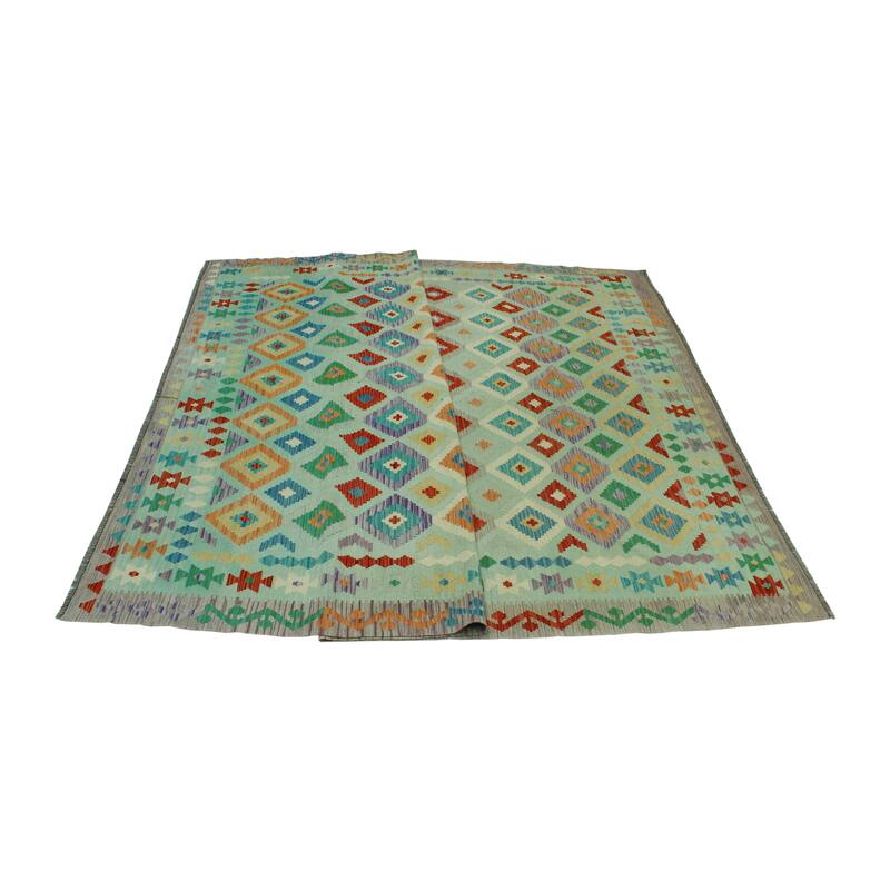 Hand-Woven Sangat Kilim Cengiz Lt. Green/Burgundy Rug - 8'7" x 11'2"