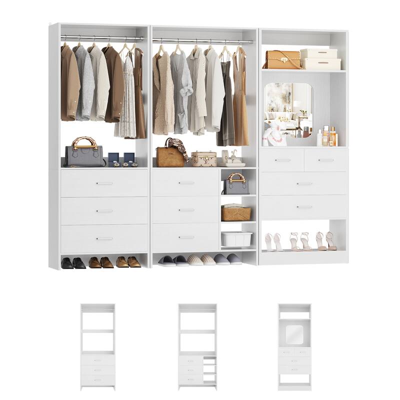 Cimly Set of 3 Closet Organizers with Drawers and Mirror, Freestanding Closet System with Hanging Rods