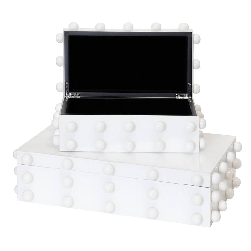 Harp & Finial Batu Box- Set Of 2 - White Finished Glass Box With Ceramic Knob Detail