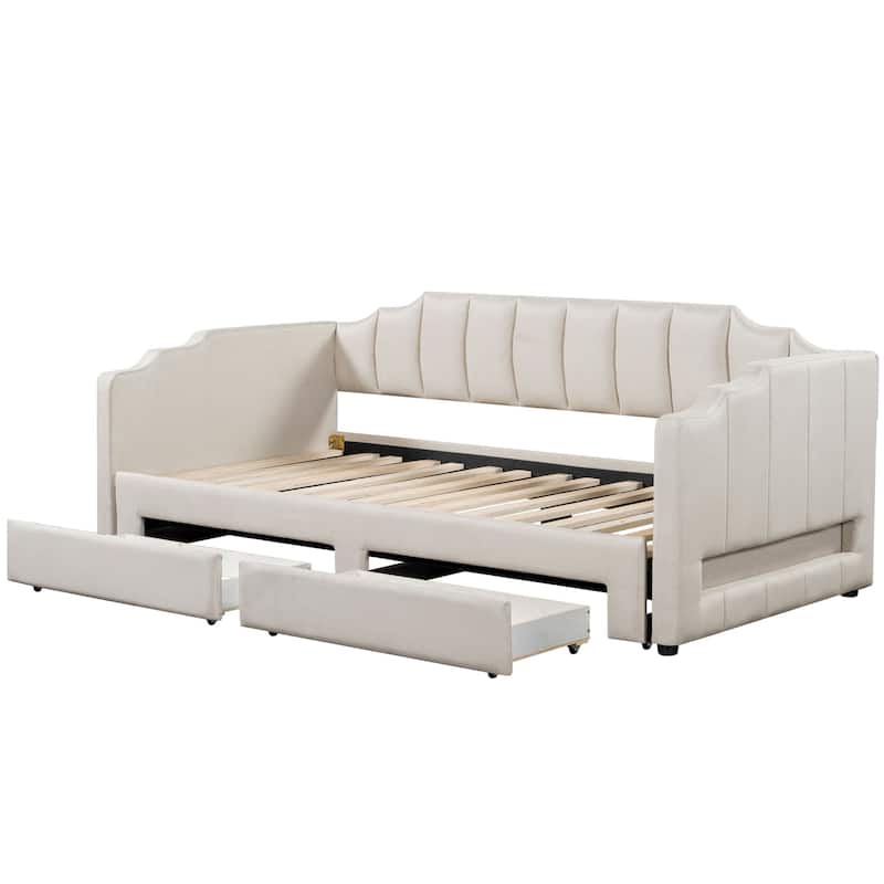 Extendable Twin XL to King Upholstered Daybed with Storage Drawers and LED Light, Beige