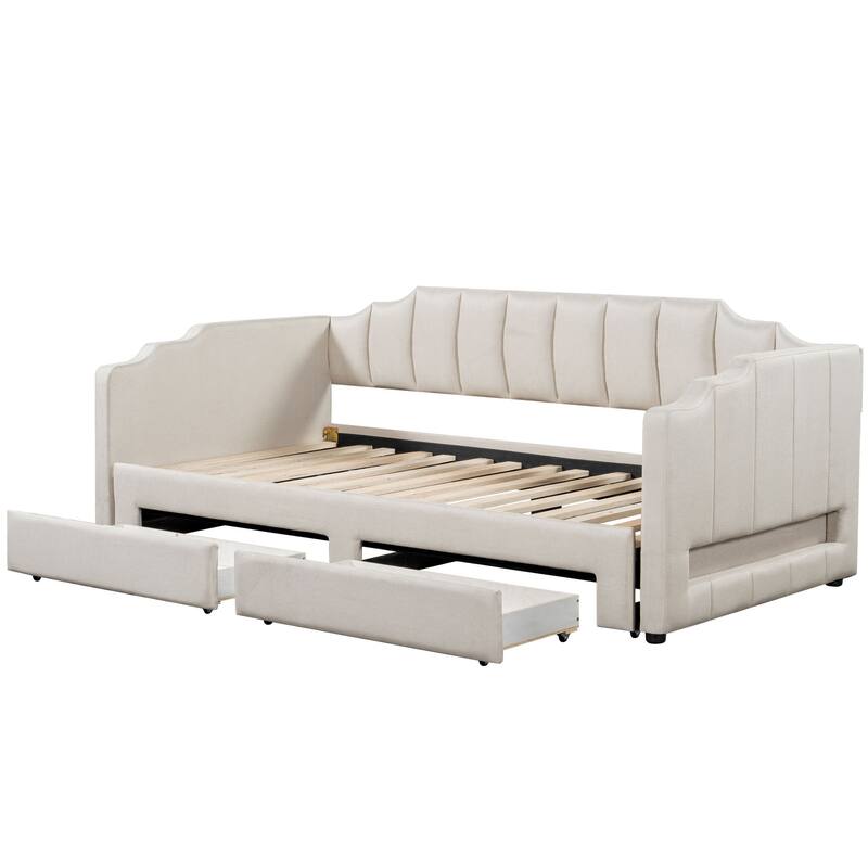 Roomfitters Twin XL Upholstered Daybed with LED Lights and 2 Storage Drawers, Extendable Pull-Out Sofa Bed Frame