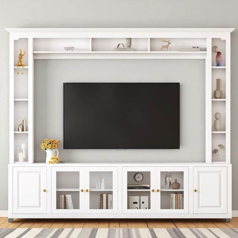 4-Piece Modern TV Stand and Wall Unit with Storage, Large 92 Inch Media Console with Cabinets & Display Shelves for 80 Inch TV - White
