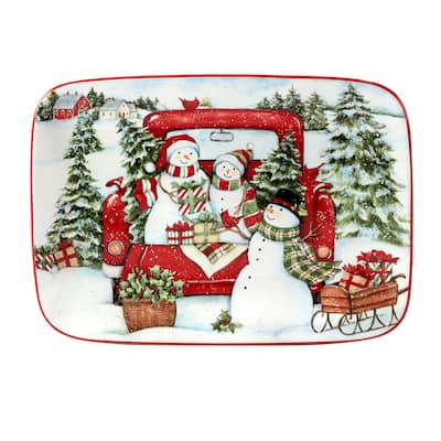 Certified International Red Truck Snowman Rectangular Platter, 14" X 10"