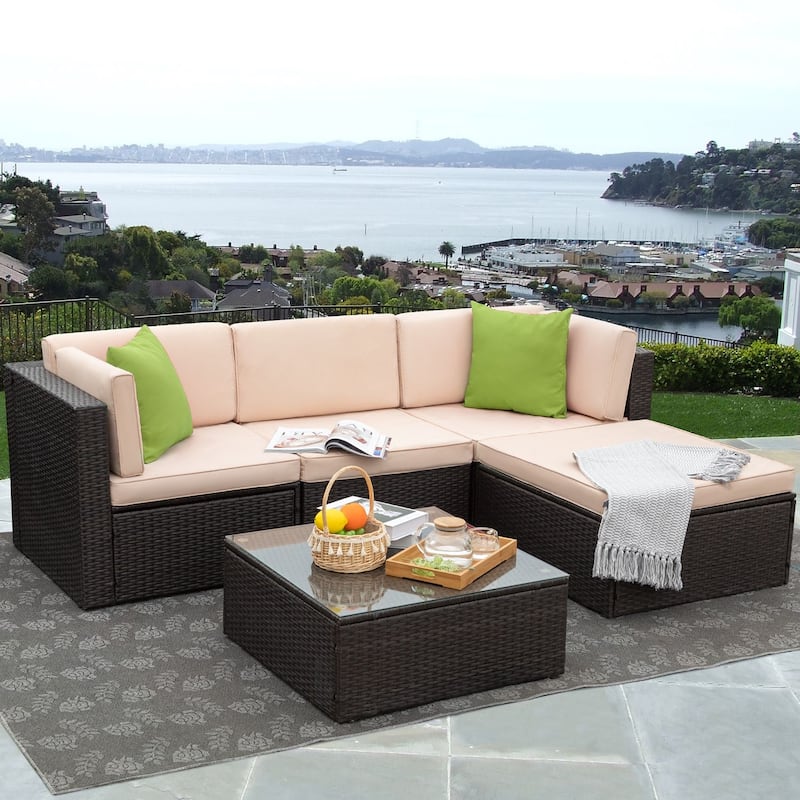 Homall 5 Pieces Patio Furniture Sets Outdoor Sectional Sofa Manual Weaving Rattan - Beige/Green