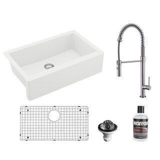 Karran All-in-One Apron Front/Farmhouse Quartz 34-in Single Bowl Kitchen Sink in White with Faucet KKF220 in Stainless Steel