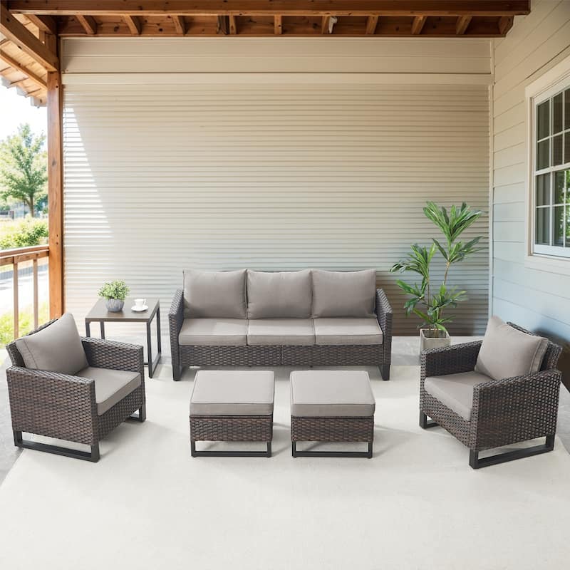 Gymojoy 3-Piece Wicker Outdoor Sofa Ottoman Set - Brown - Grey