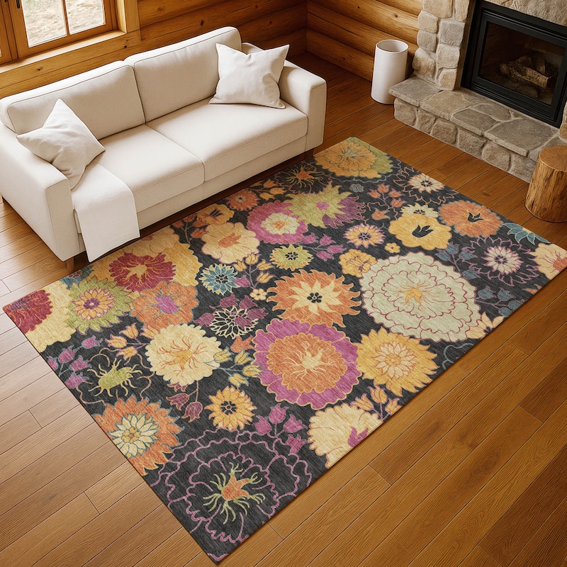Machine Washable Indoor/ Outdoor Modern Floral Chantille Rug
