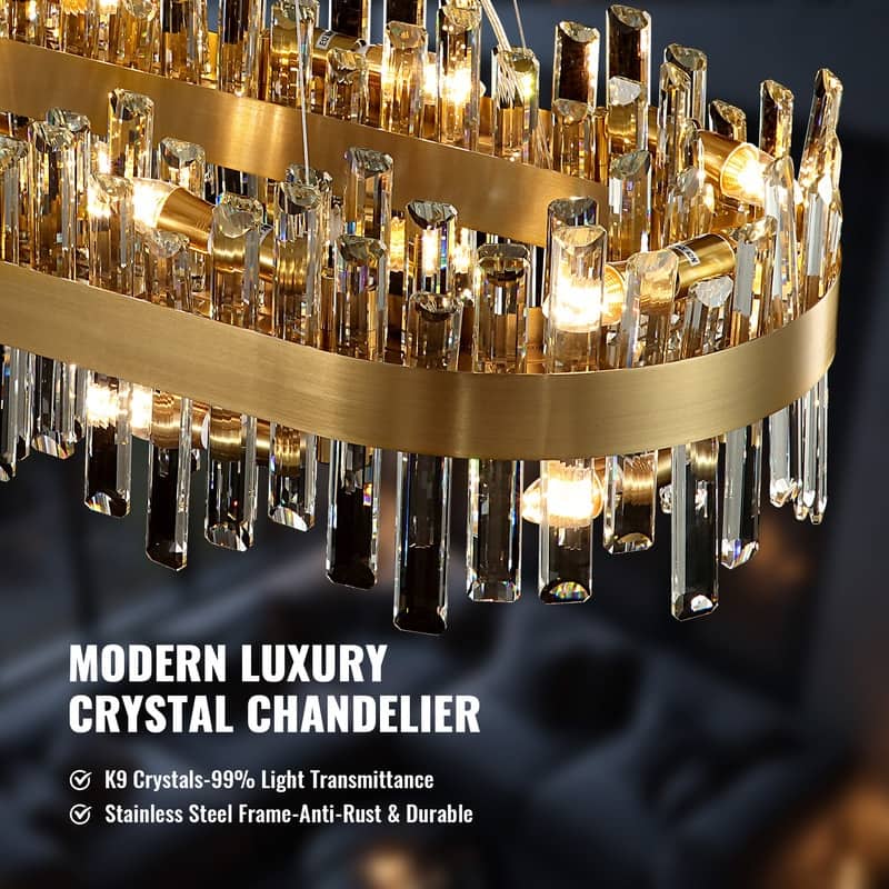 36 in. Modern Crystal Chandeliers 16-Light Brass Gold Rectangular Chandelier Glam Oval Pendant Light for Dining Living Room