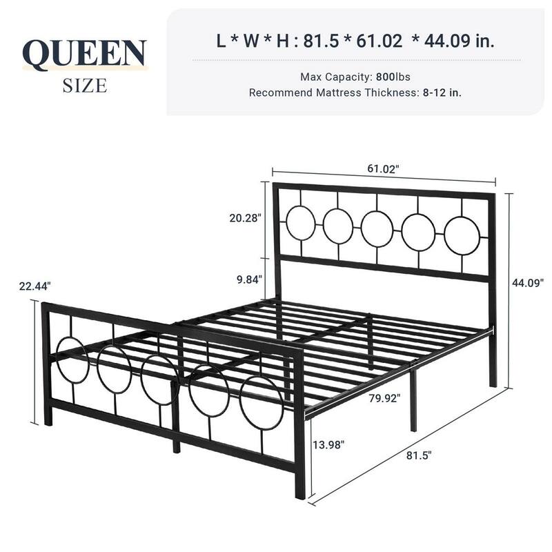 Art Deco Metal Platform Bed Frame with Openwork Headboard and Footboard Modern Iron Slat Support