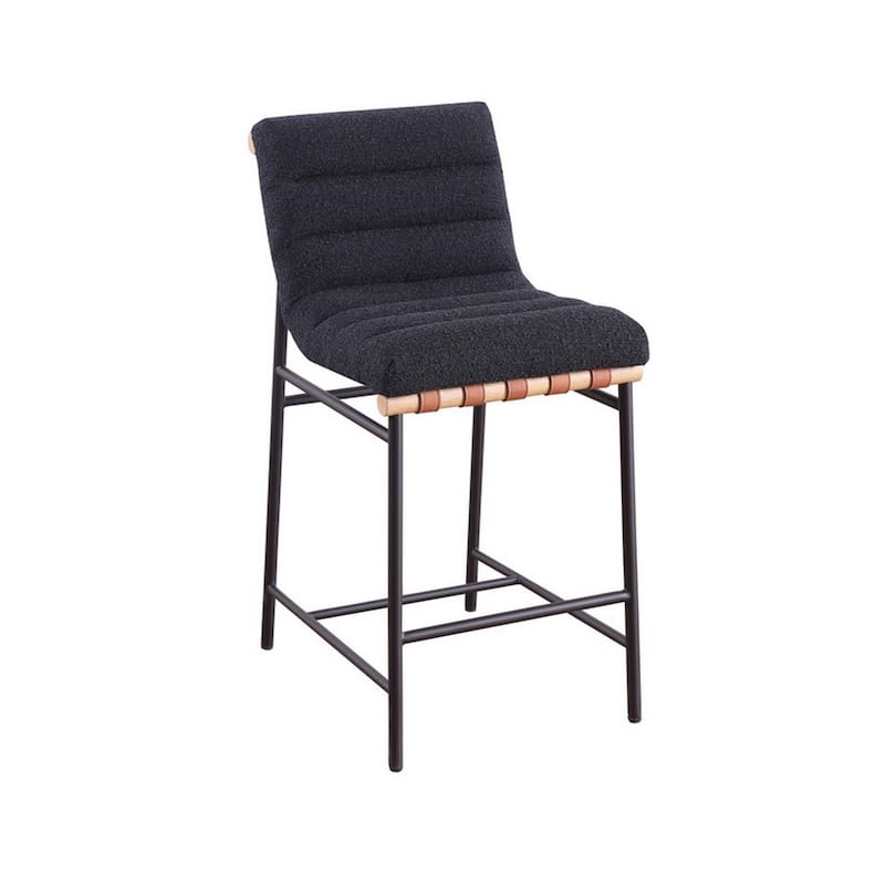 Kive 24 Inch Counter Height Stool Chair, Black Boucle Channel Tufted Seat, Steel