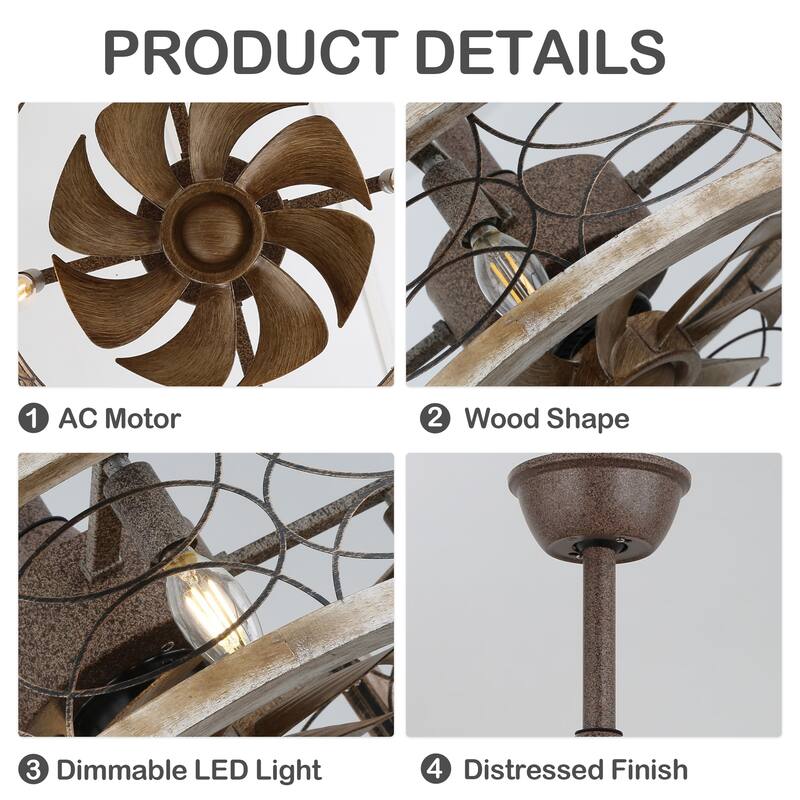 Oaks Aura 18" Farmhouse Solid Wood Reversible Ceiling Fan with Remote, Silent Motor 6-Speed Caged Ceiling Fan with Light