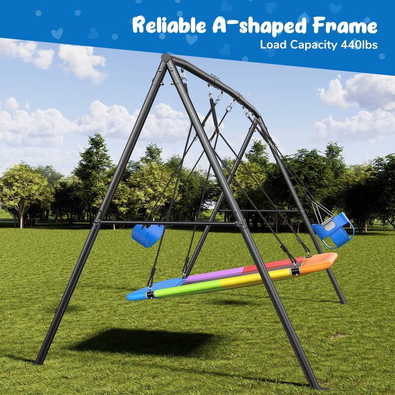 440lbs Kids Swing Sets for Backyard with 3 Swings, Outdoor Metal Swingset - N/A