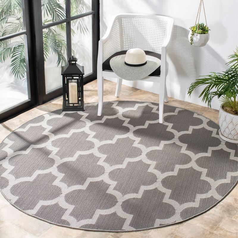 SAFAVIEH Bermuda Washable Hisako Indoor/ Outdoor Waterproof Rug - 6'7" Round - Grey/Ivory