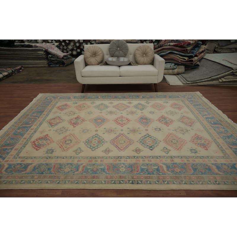 Hand Knotted Oriental 100% Wool Carpet Traditional Geometric Beige & Ivories Kazak Area Rug - 9' 10'' X 8' 0''