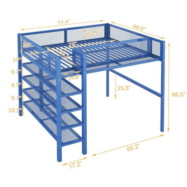 Full Size Modern Style Metal Loft Bed with 4-Tier Shelves and Storage,Blue