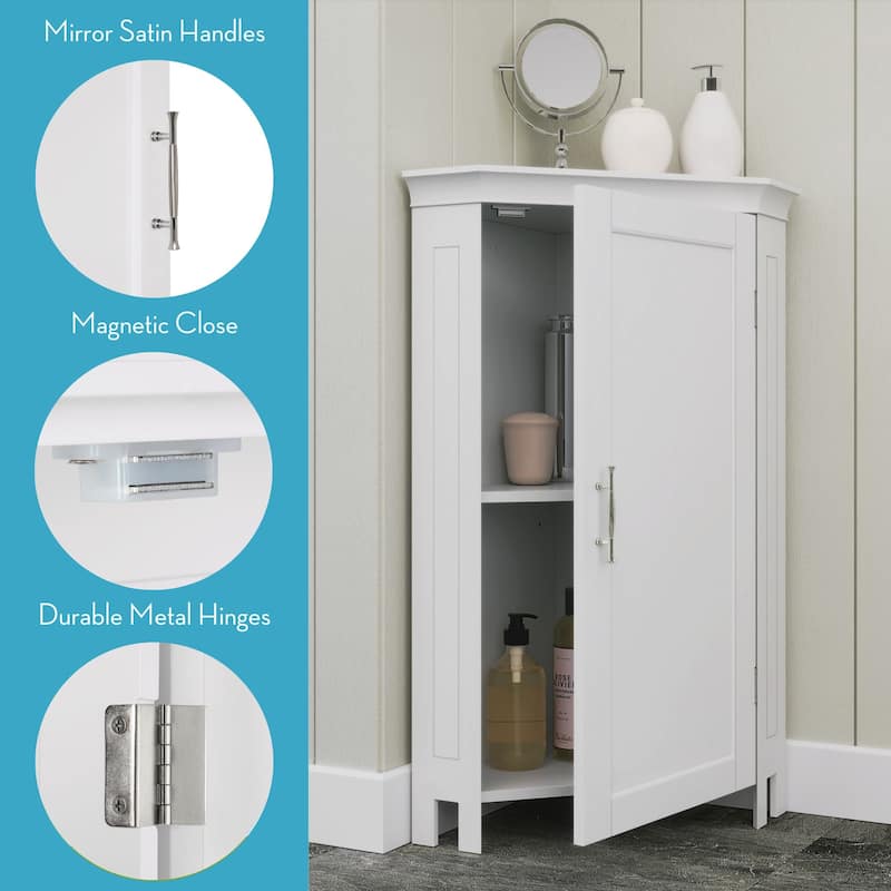 RiverRidge Somerset Corner Floor Bathroom Storage Cabinet Organizer with Doors and an Adjustable Shelf - White
