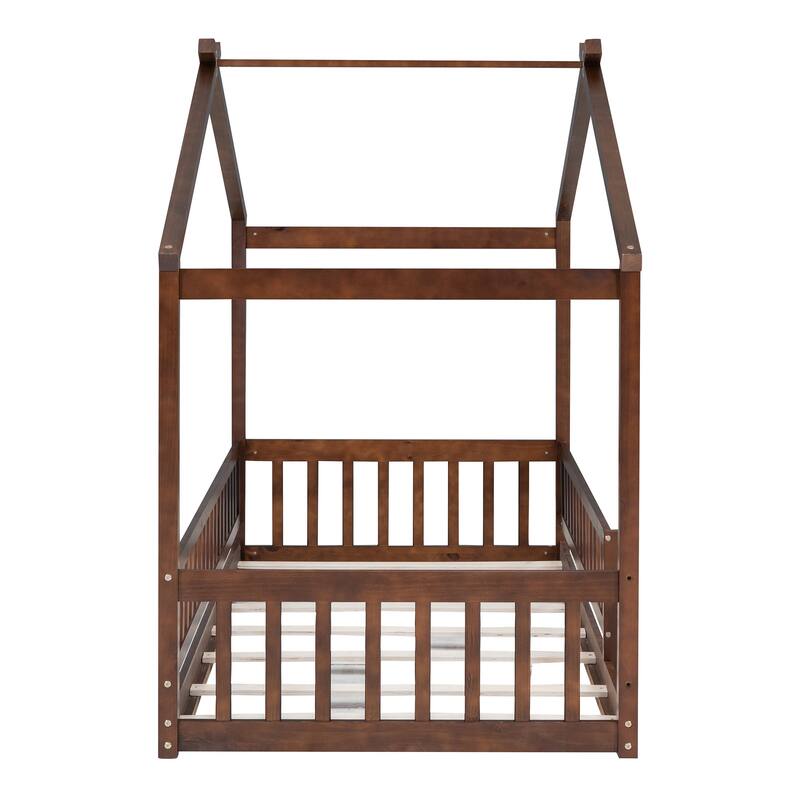 Walnut Twin Size Wood House Bed Frame with Roof and Fence, for Kids, Teens, Girls, Boys