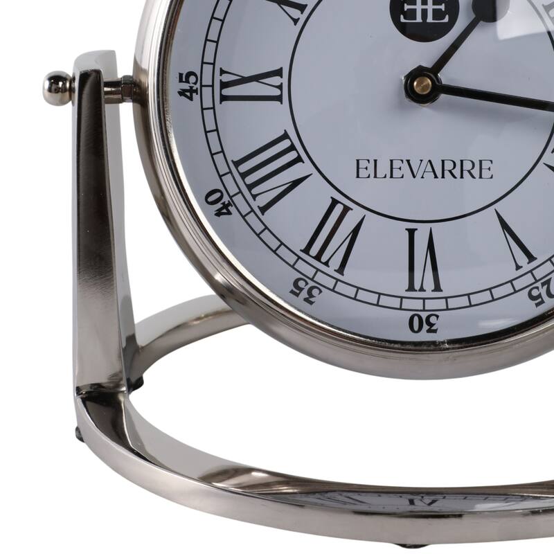 Metal Glass Desk Clock Roman Numerals Silent Movement and Pivot Stand - 9" x 9" x 10"