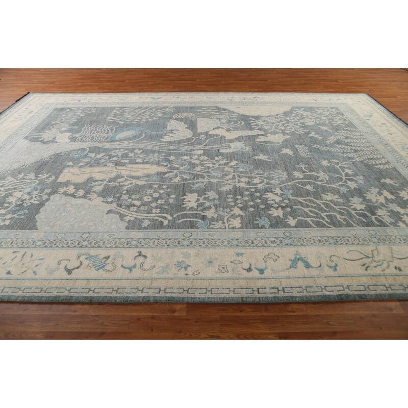 Hand Knotted Oriental 100% Wool Carpet Traditional Floral Greys & Charcoal Art Deco Area Rug - 14' 0'' X 9' 10''