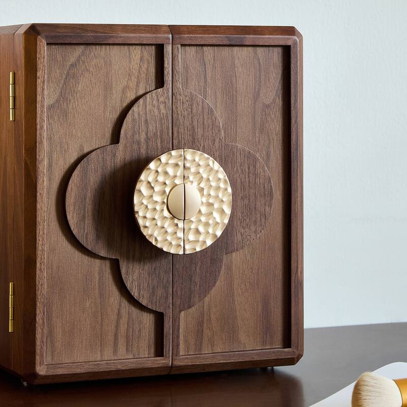 Antique Black Walnut Wooden Jewelry Organizer – 5-Layer Storage Box with Quatrefoil Handle for Rings, Earrings & Bracelets