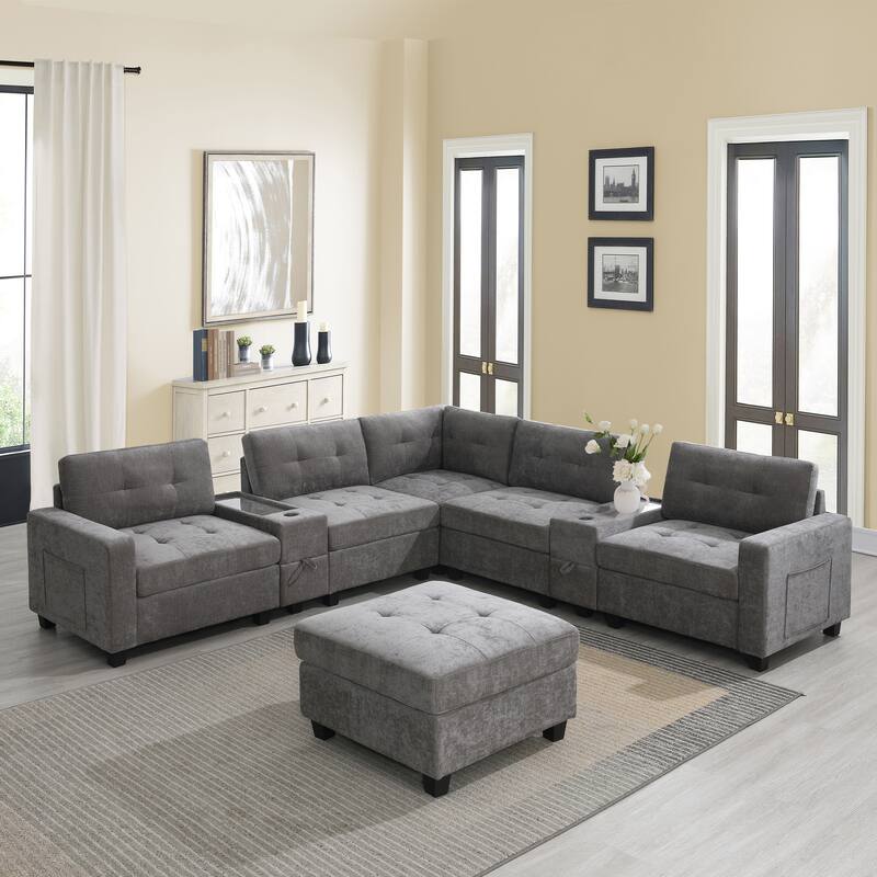 L-shape Chenille Sectional Sofa with 2 Acrylic Consoles Table Top, USB Charger, 2 Drawers, Pockets and Ottoman for Living Room